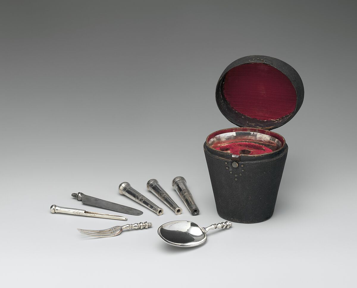 Pocket canteen (traveling set), Cup made by Charles Overing (active after 1692), Silver; wood case covered with shagreen; removable wooden fitting lined with velvet, silver braid, British, London 