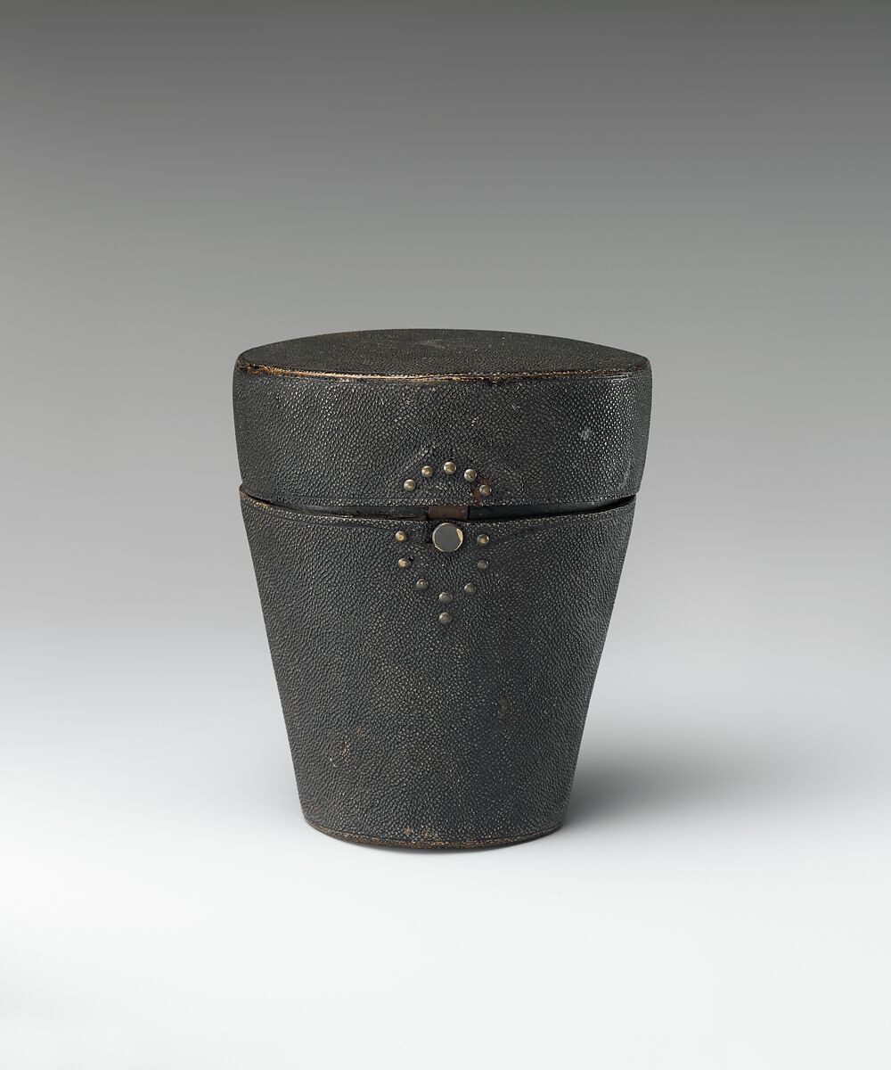 Pocket canteen (traveling set), Cup made by Charles Overing (active after 1692), Silver; wood case covered with shagreen; removable wooden fitting lined with velvet, silver braid, British, London
