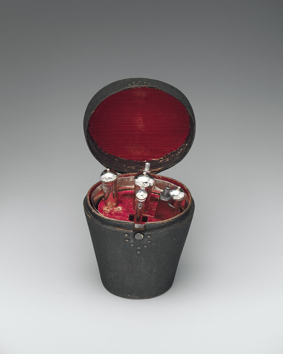 Pocket canteen (traveling set), Cup made by Charles Overing (active after 1692), Silver; wood case covered with shagreen; removable wooden fitting lined with velvet, silver braid, British, London