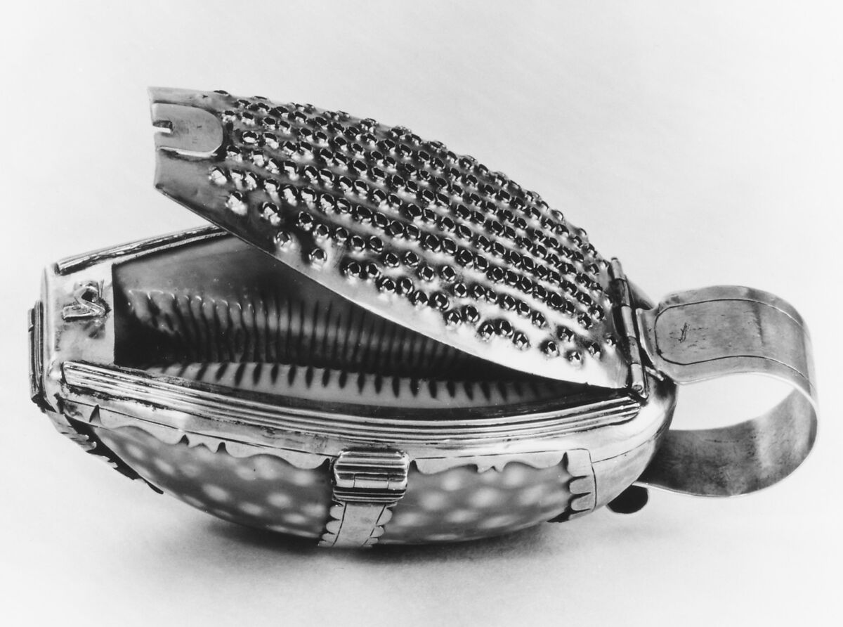 Nutmeg grater, Cowrie shell, silver, British