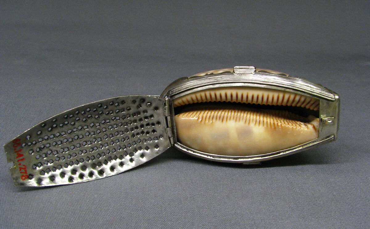 Nutmeg grater, Cowrie shell, silver, British