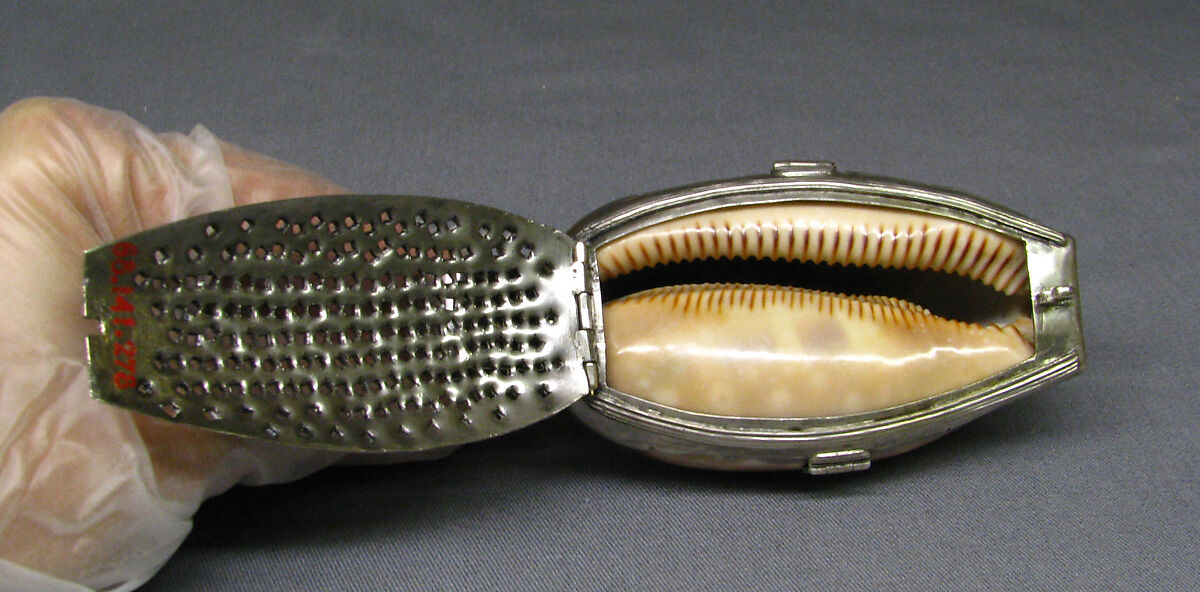 Nutmeg grater, Cowrie shell, silver, British