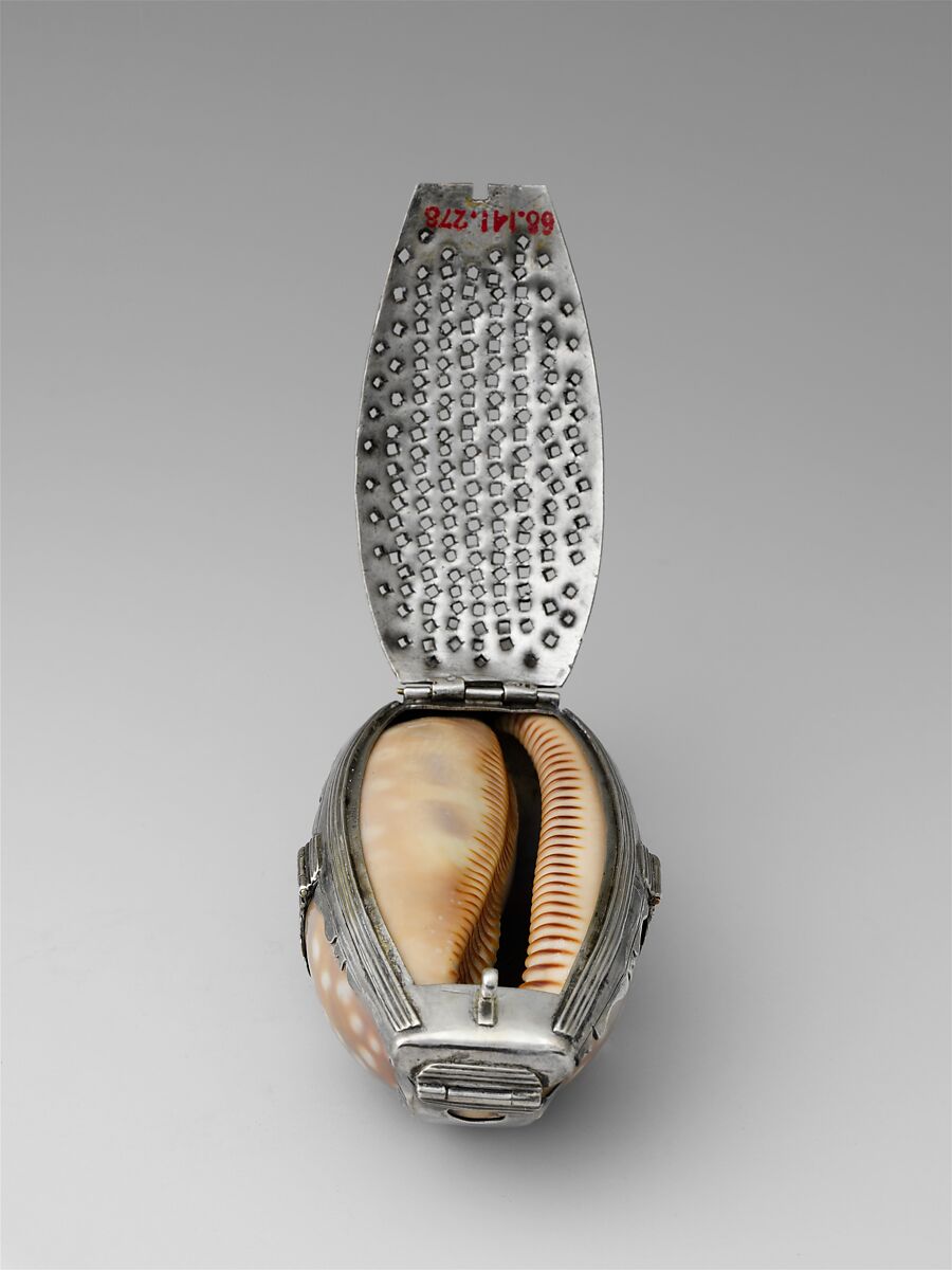 Nutmeg grater, Cowrie shell, silver, British