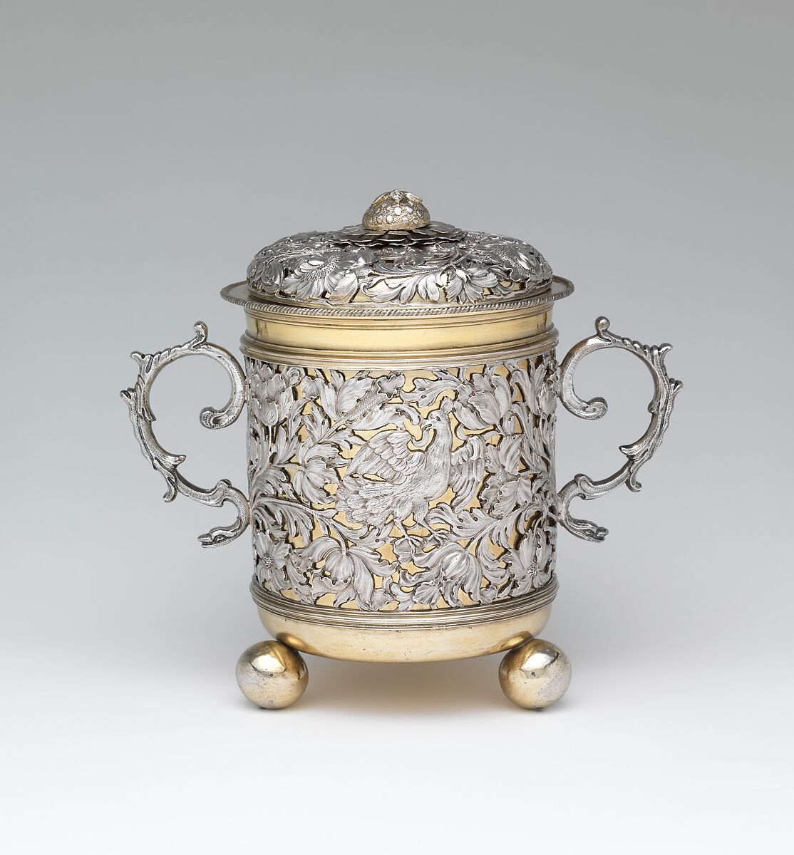 Cup with two handles and cover, Silver; gilded silver, British, London 