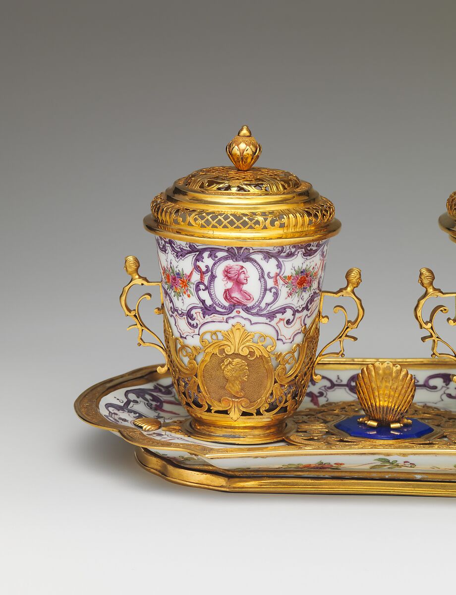 Ensemble for chocolate, Vienna, Hard-paste porcelain decorated in polychrome enamels with gold mounts; gold, lapis lazuli; glass, Austrian, Vienna