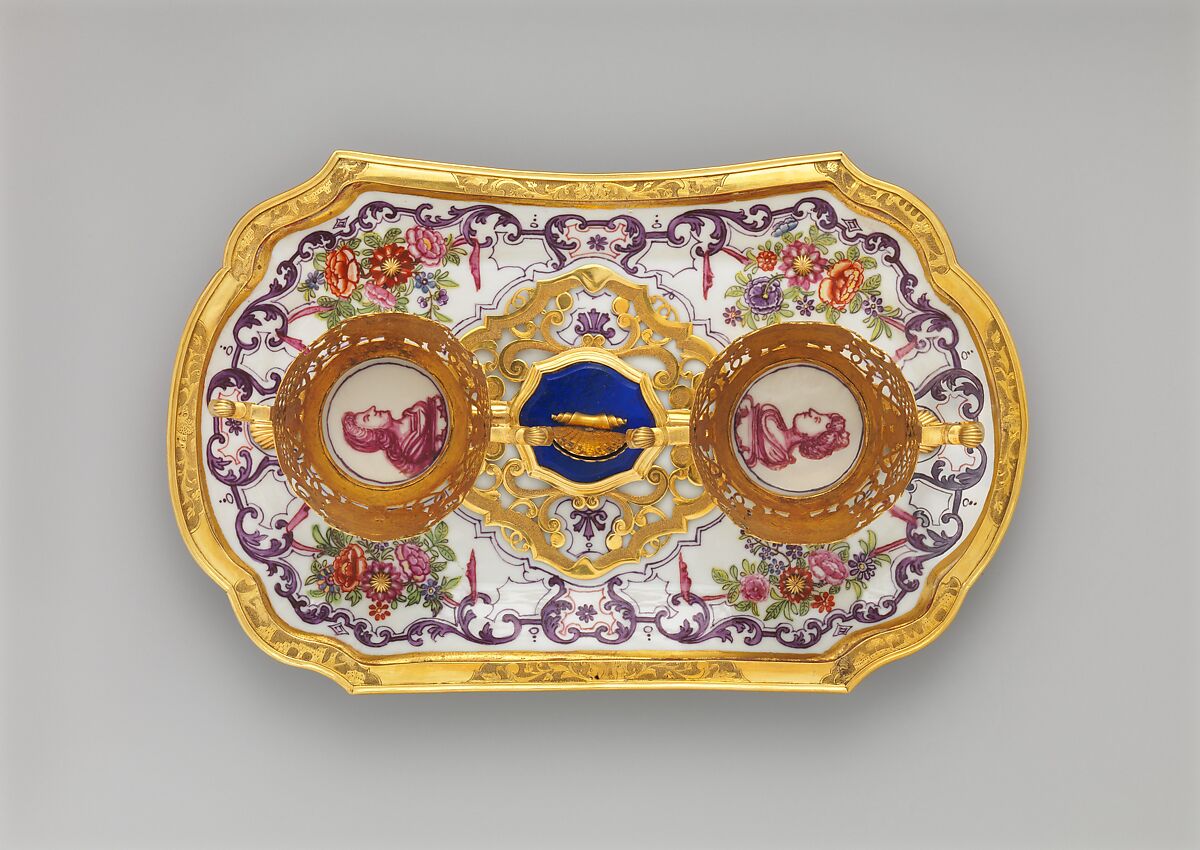 Ensemble for chocolate, Vienna, Hard-paste porcelain decorated in polychrome enamels with gold mounts; gold, lapis lazuli; glass, Austrian, Vienna