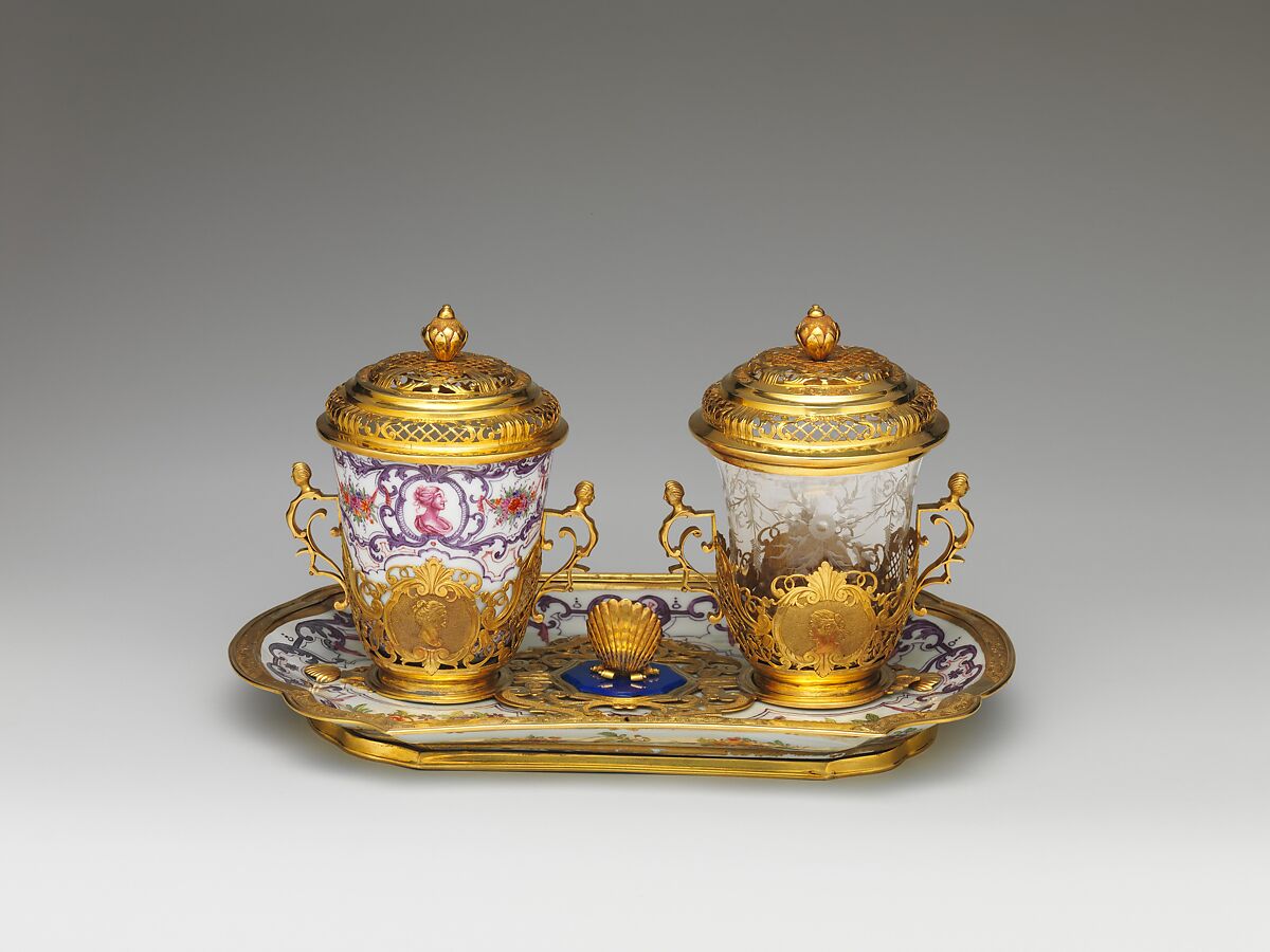 Ensemble for chocolate, Vienna, Hard-paste porcelain decorated in polychrome enamels with gold mounts; gold, lapis lazuli; glass, Austrian, Vienna