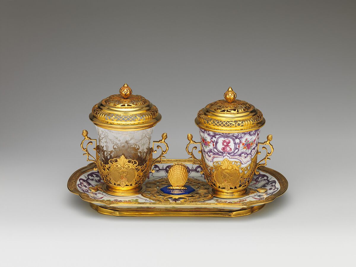 Ensemble for chocolate, Vienna, Hard-paste porcelain decorated in polychrome enamels with gold mounts; gold, lapis lazuli; glass, Austrian, Vienna