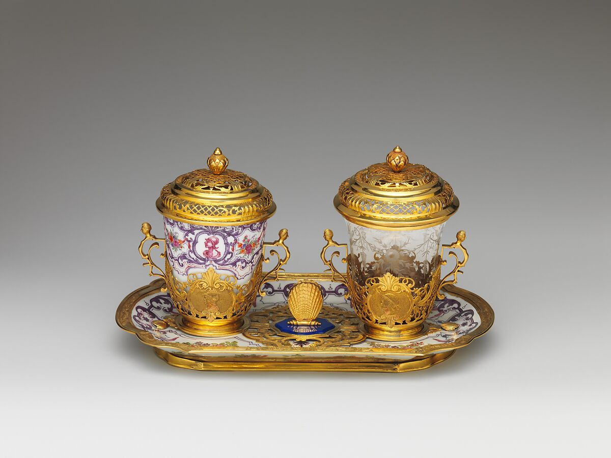 Ensemble for chocolate, Vienna, Hard-paste porcelain decorated in polychrome enamels with gold mounts; gold, lapis lazuli; glass, Austrian, Vienna 
