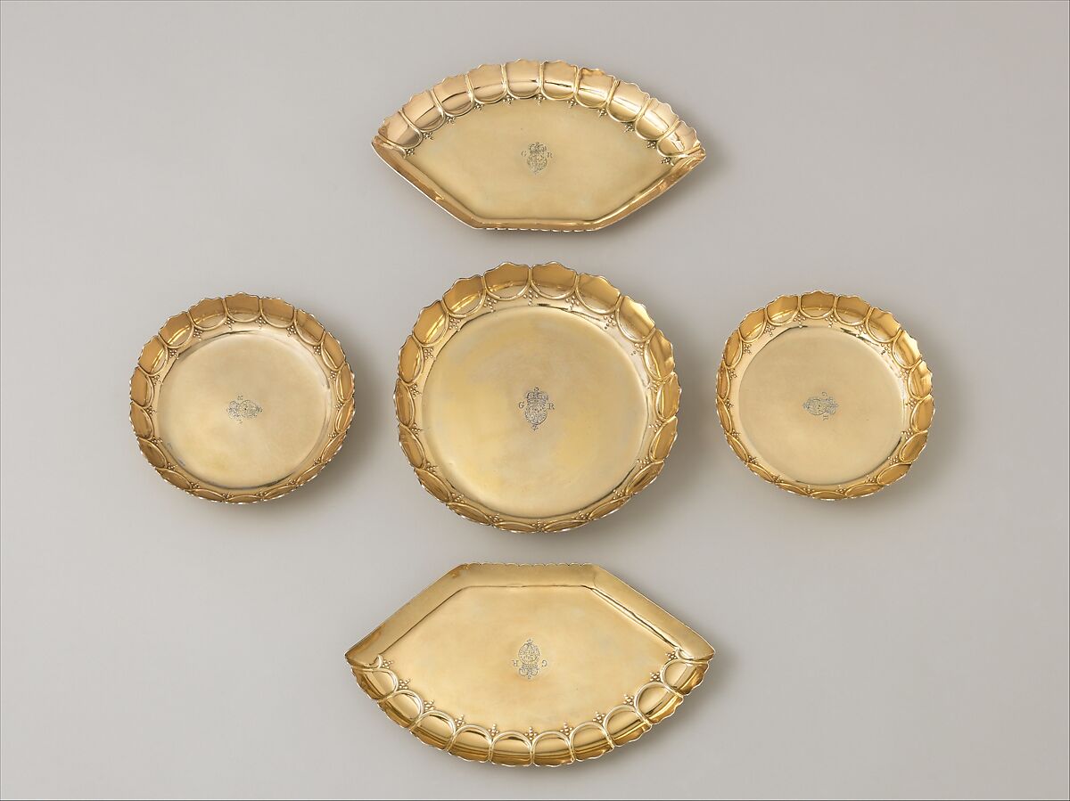 Dish (one of a pair) (part of a set), Lewis Mettayer (British, active 1700–died 1740), Gilded silver, British, London