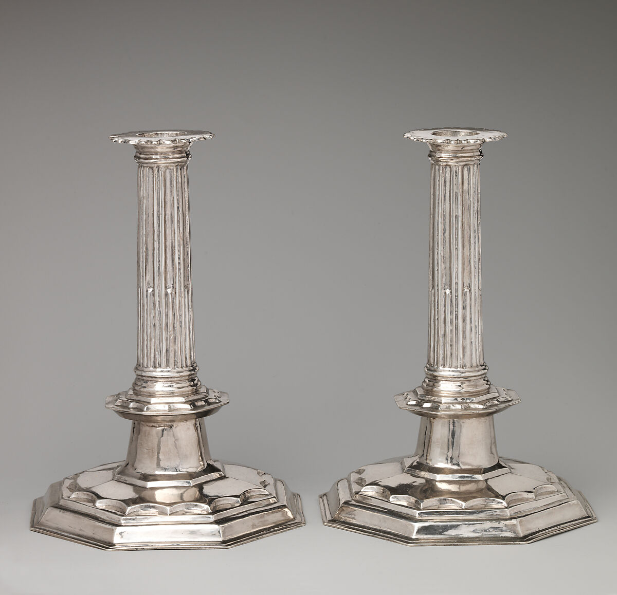 Candlestick (one of a pair), Probably by T. D., London (ca. 1686–1687), Silver, British, London 