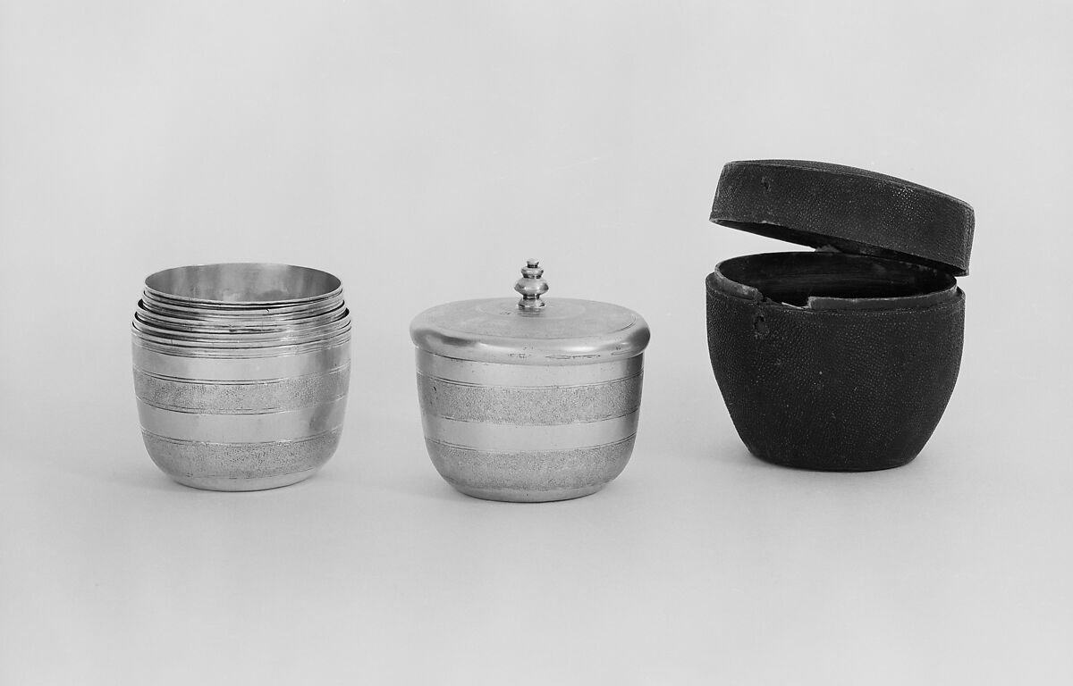 Set of six nesting beakers with case, P. H., London (ca. 1681–1691), Beakers: gilded silver; case: shagreen, British, London