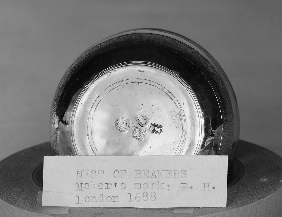 Set of six nesting beakers with case, P. H., London (ca. 1681–1691), Beakers: gilded silver; case: shagreen, British, London