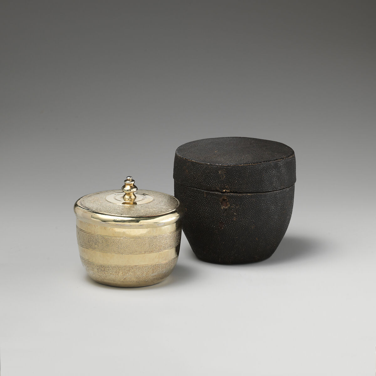 Set of six nesting beakers with case, P. H., London (ca. 1681–1691), Beakers: gilded silver; case: shagreen, British, London
