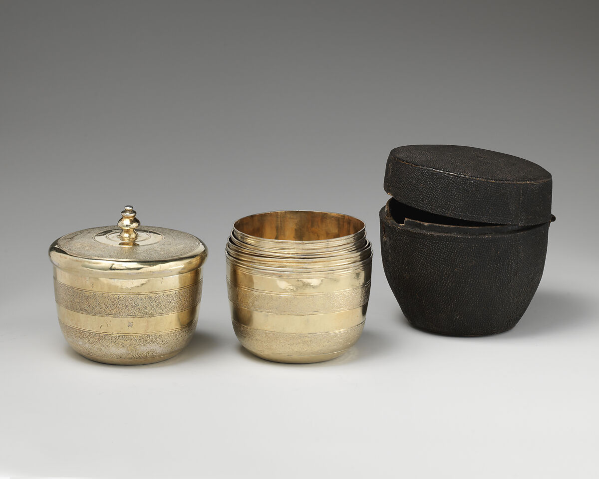 Set of six nesting beakers with case, P. H., London (ca. 1681–1691), Beakers: gilded silver; case: shagreen, British, London 