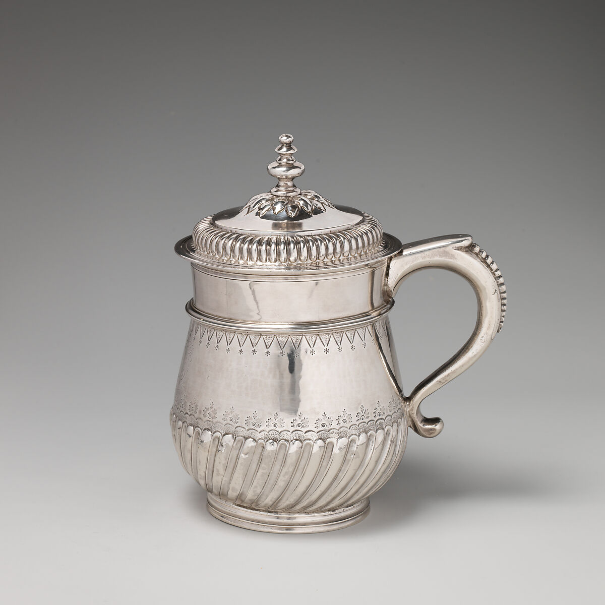 Mug with cover (one of a pair), David Willaume I (British, 1658–1741), Silver, British, London 