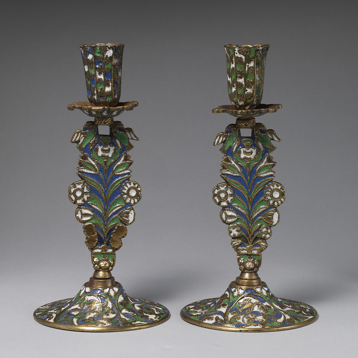 Candlestick (one of a pair), Stephen Pilcherd (British, free of the London Founders&#39; Company 1625, died 1670) or, Brass, partly enameled, British, London 