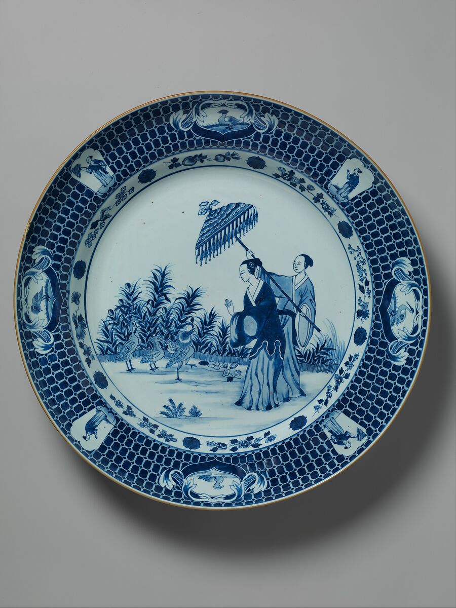 Plate depicting a lady with parasol, After a design by Cornelis Pronk (Dutch, Amsterdam 1691–1759 Amsterdam), Hard-paste porcelain painted with cobalt blue under transparent glaze (Jingdezhen ware), Chinese, for Dutch market 