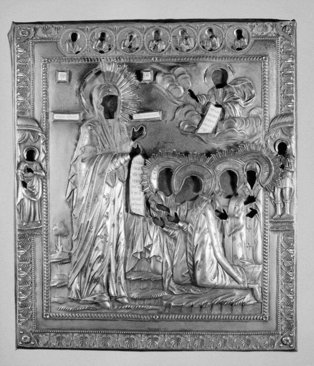 Icon cover and frame (Riza) with Bogoliubskaya Mother of God with the Chosen Saints, Maker of frame: Ph. Phralov, Silver-gilt and enamel, Russian, Moscow