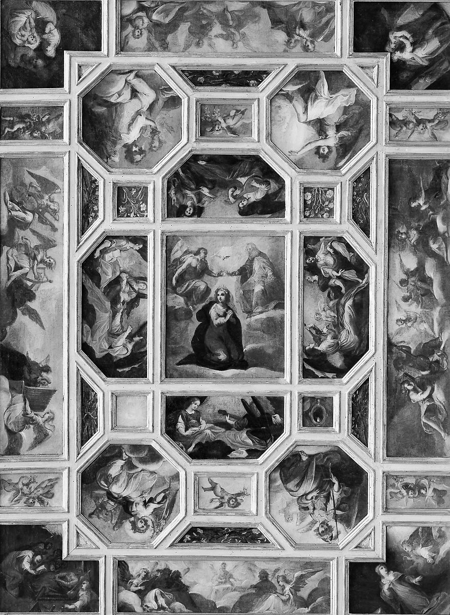 Tester bed, Italian (Florentine) Painter, Walnut, partly painted and gilded, paintings on canvas, Italian, Tuscany and Florence