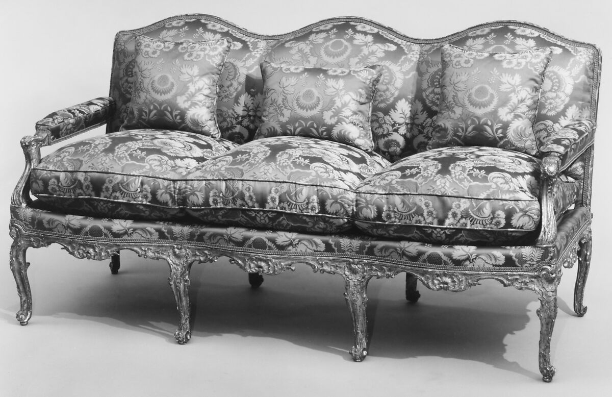Sofa, Carved and gilded walnut; upholstered in modern red/beige damask, French 