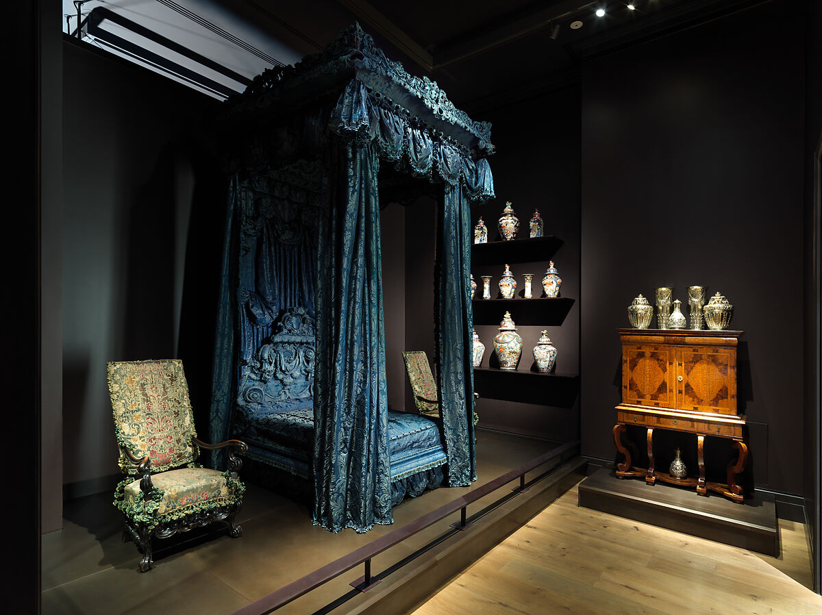 State bed from Hampton Court, Herefordshire, Wood covered in blue silk damask, British