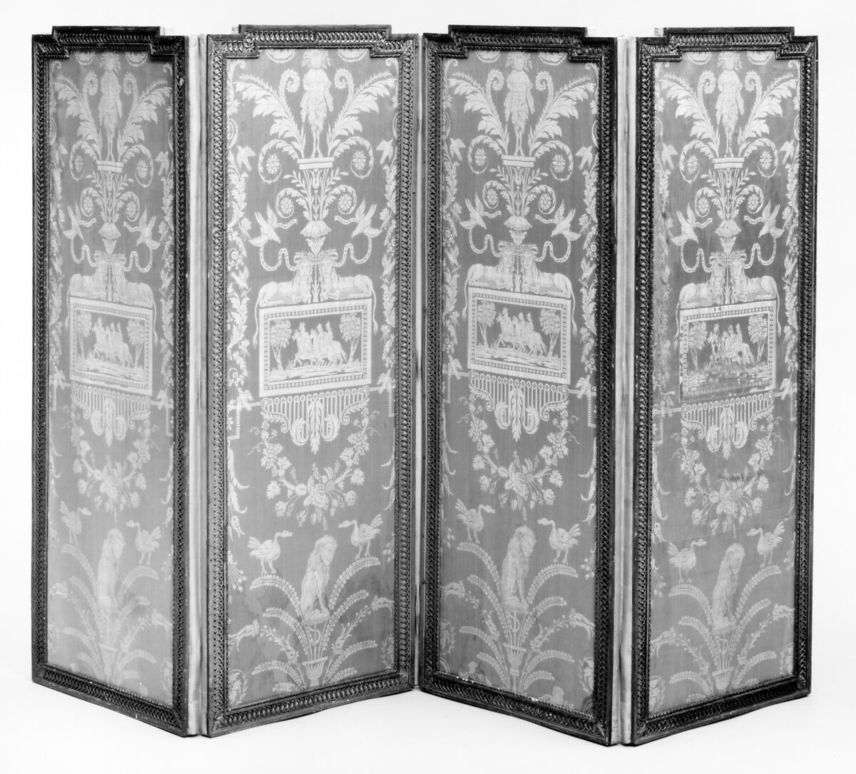 Four-leaf folding screen (Paravent), Carved and gilded walnut and poplar; upholstered with 18th-century blue and silver silk lampas, French 