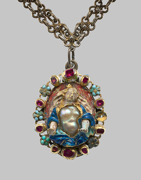 Pendant and chain, Silver gilt, pearl, enamel, gemstones, European