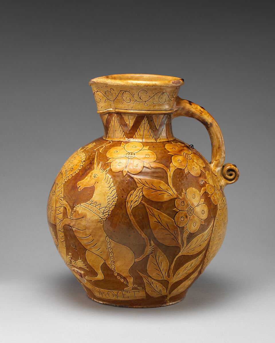 Harvest jug, Robert Burnal of Cutcombe, Slipware with graffito decoration, British, Cutcombe, Somerset