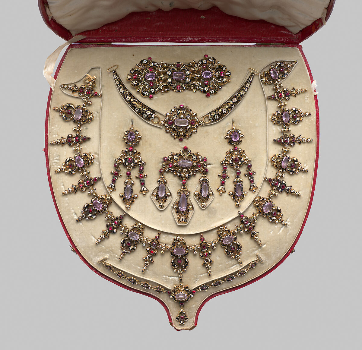 Parure, Gold, enamel, and glass paste, probably Swiss