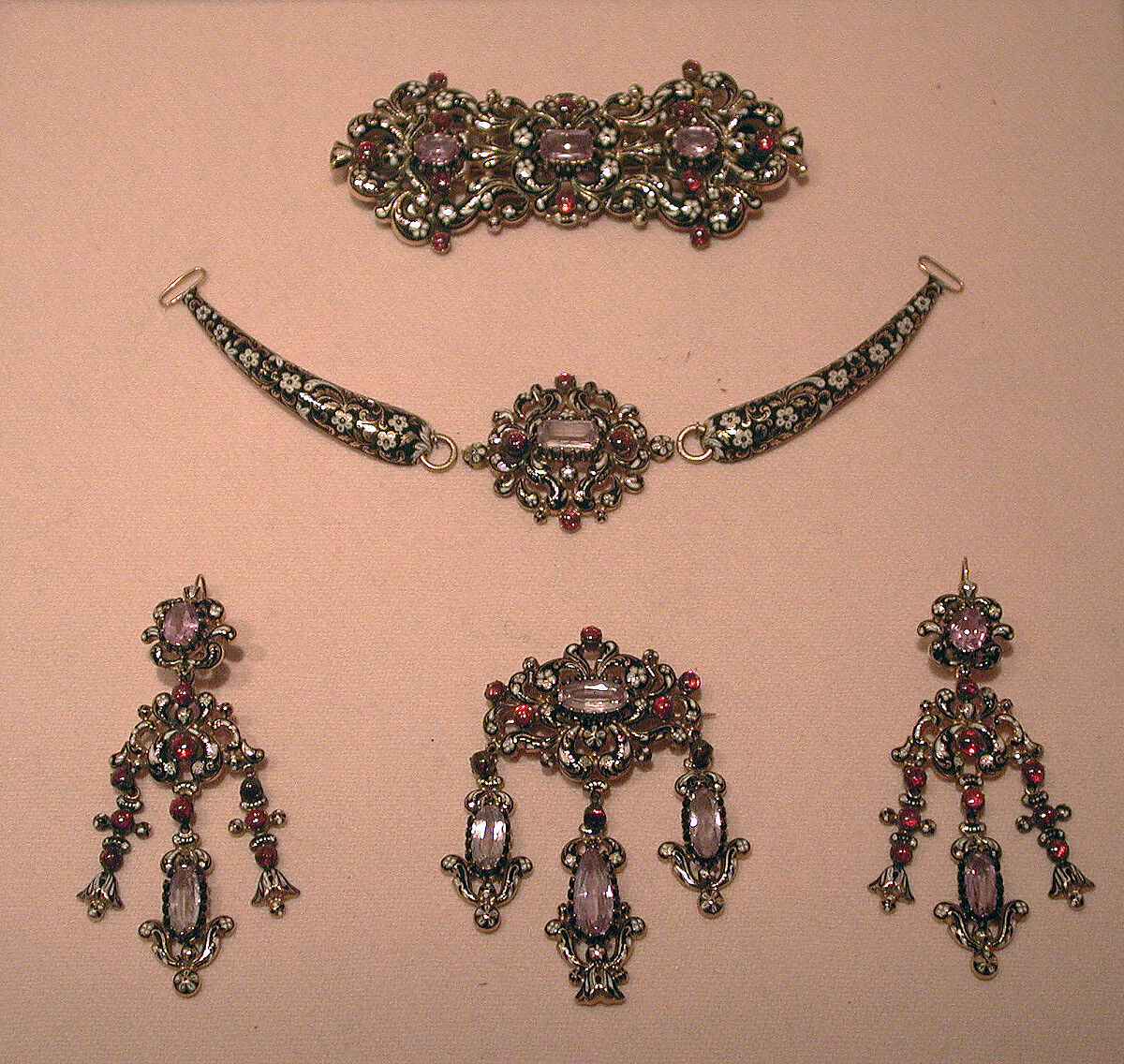 Parure, Gold, enamel, and glass paste, probably Swiss 