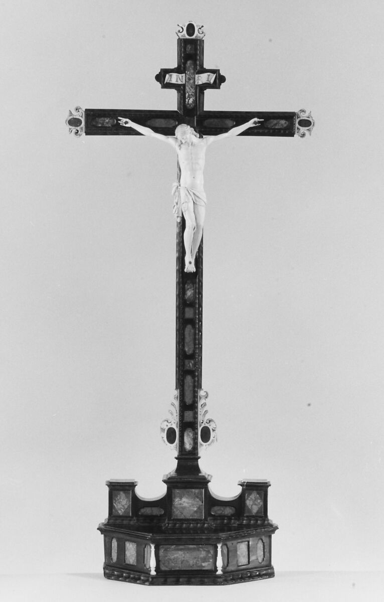 Crucifix, Ebony, ivory, lapis lazuli, agate, Italian, Florence 
