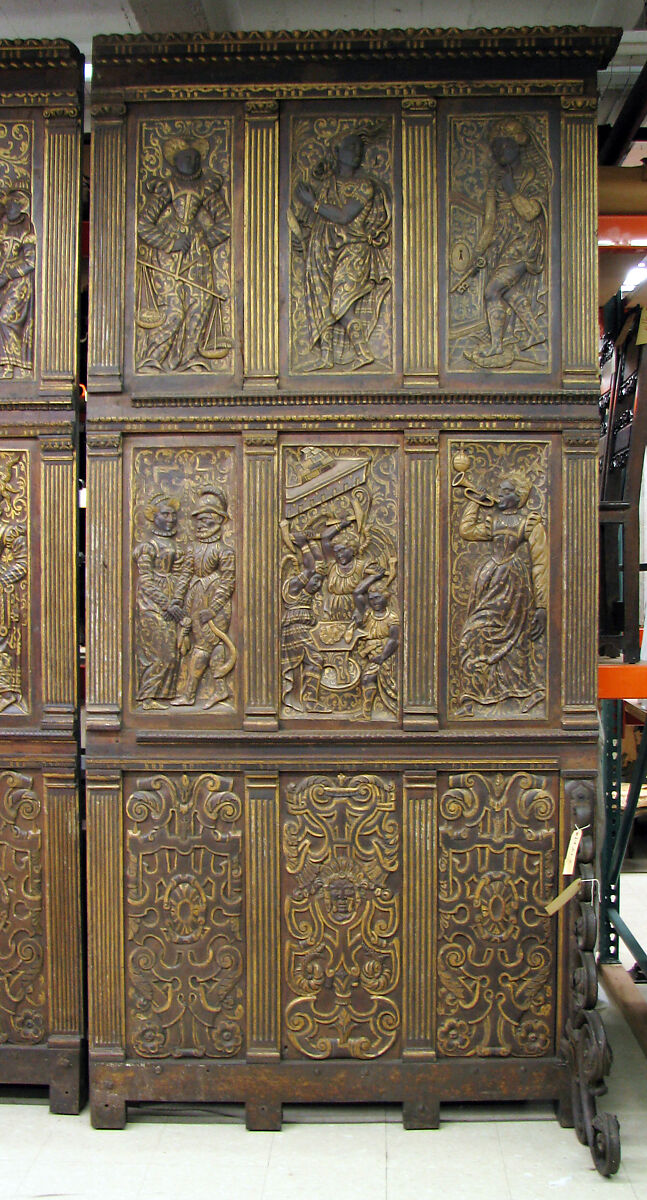 Pair of paneling, Carved walnut, gilded and painted; velvet, iron, probably Southwestern French