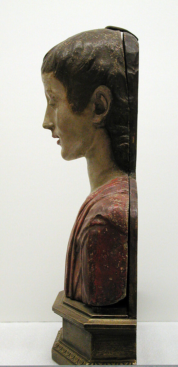 Saint John the Baptist, Follower of Mino da Fiesole (Mino di Giovanni) (Italian, Papiano or Montemignaio 1429–1484 Florence), Bust: stucco, polychromed; base: gilt wood, Italian, Florence