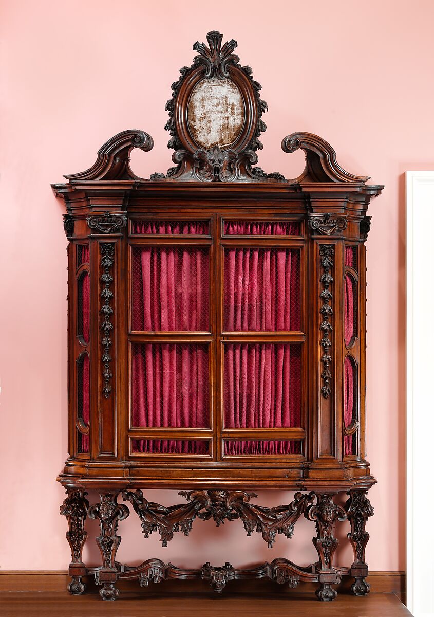 Bookcase (one of a pair), Design attributed to the architect Niccolo Michetti (Italian, died 1759), Walnut and poplar; iron hinges and locks, metal wire; antique silk and linen brocatelle door curtains (not original), Italian, Rome 