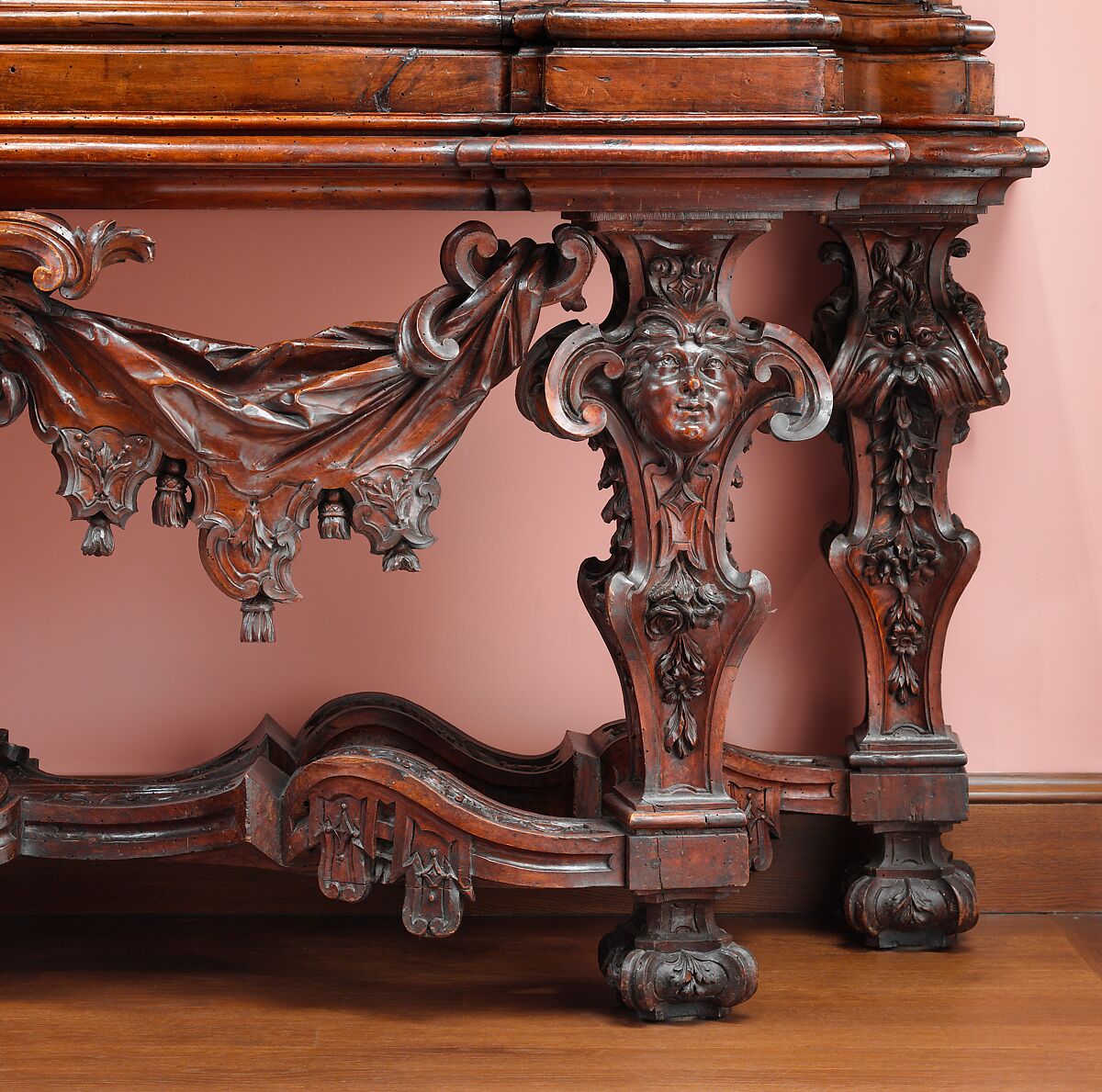 Bookcase (one of a pair), Design attributed to the architect Niccolo Michetti (Italian, died 1759), Walnut and poplar; iron hinges and locks, metal wire; antique silk and linen brocatelle door curtains (not original), Italian, Rome