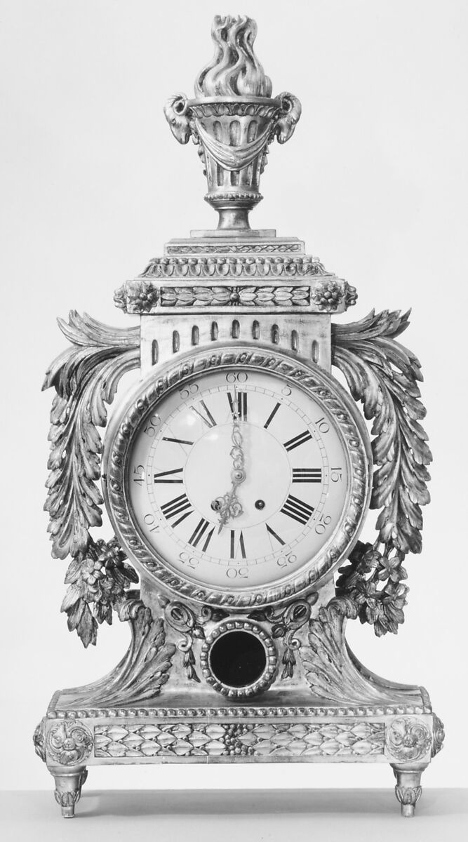 Mantel clock (pendule), Clockmaker: Firm of Samuel Marti et Cie, Paris (1870–1890), Case: gilded wood; Dial and movement: enameled copper, brass and steel, French, Paris with Italian case 