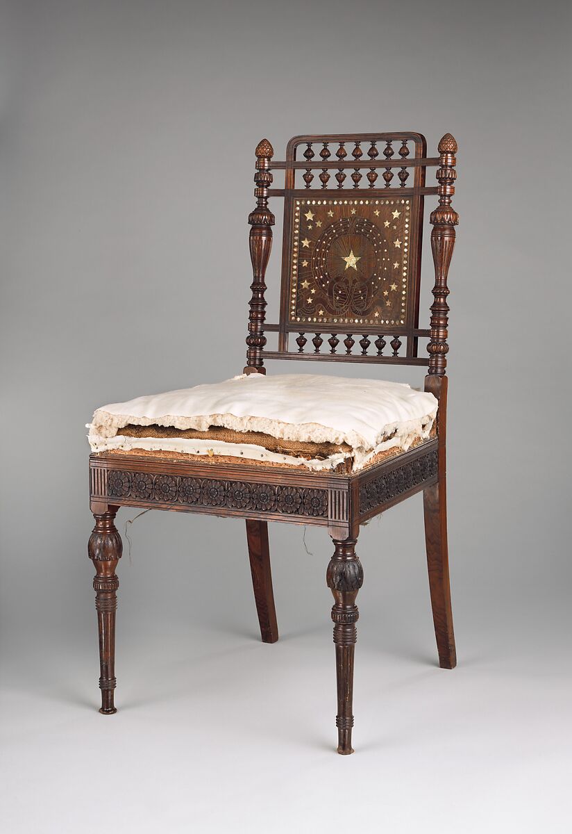Side chair, Herter Brothers (German, active New York, 1864–1906), Rosewood, brass, mother-of-pearl, and reproduction upholstery, American