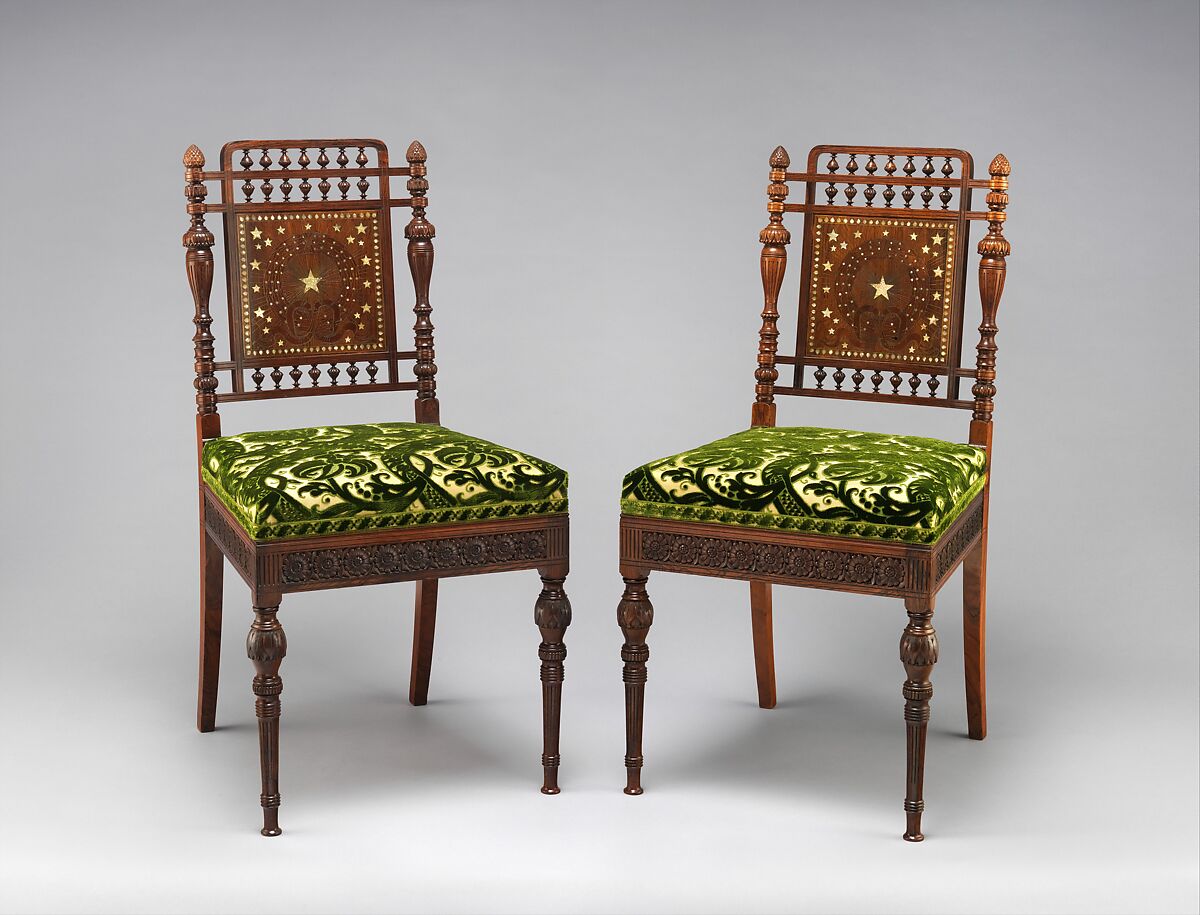 Side chair, Herter Brothers (German, active New York, 1864–1906), Rosewood, brass, mother-of-pearl, and reproduction upholstery, American