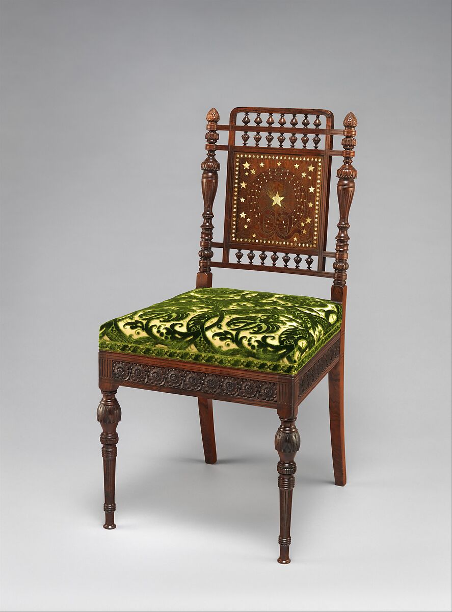Side chair, Herter Brothers (German, active New York, 1864–1906), Rosewood, brass, mother-of-pearl, and reproduction upholstery, American 