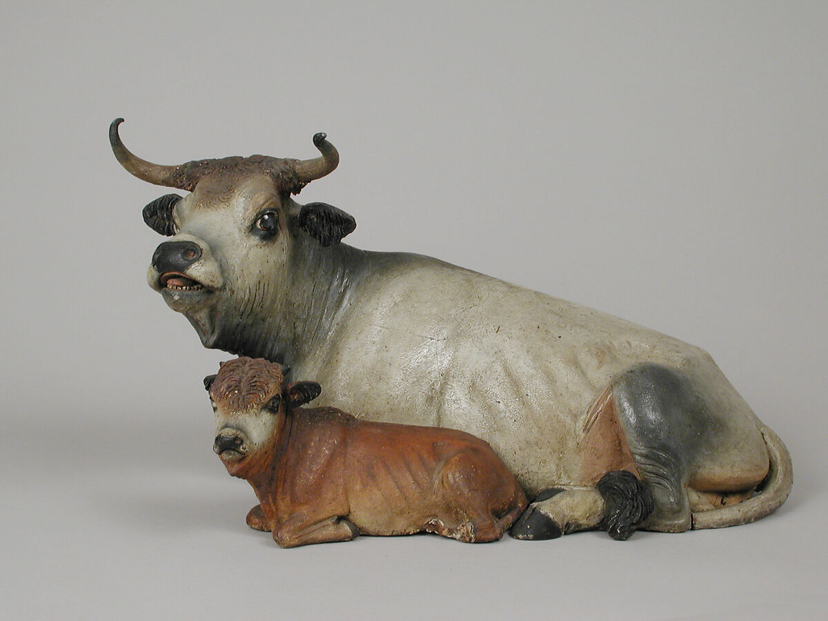 Cow and calf lying down, Polychromed terracotta, Italian, Naples 