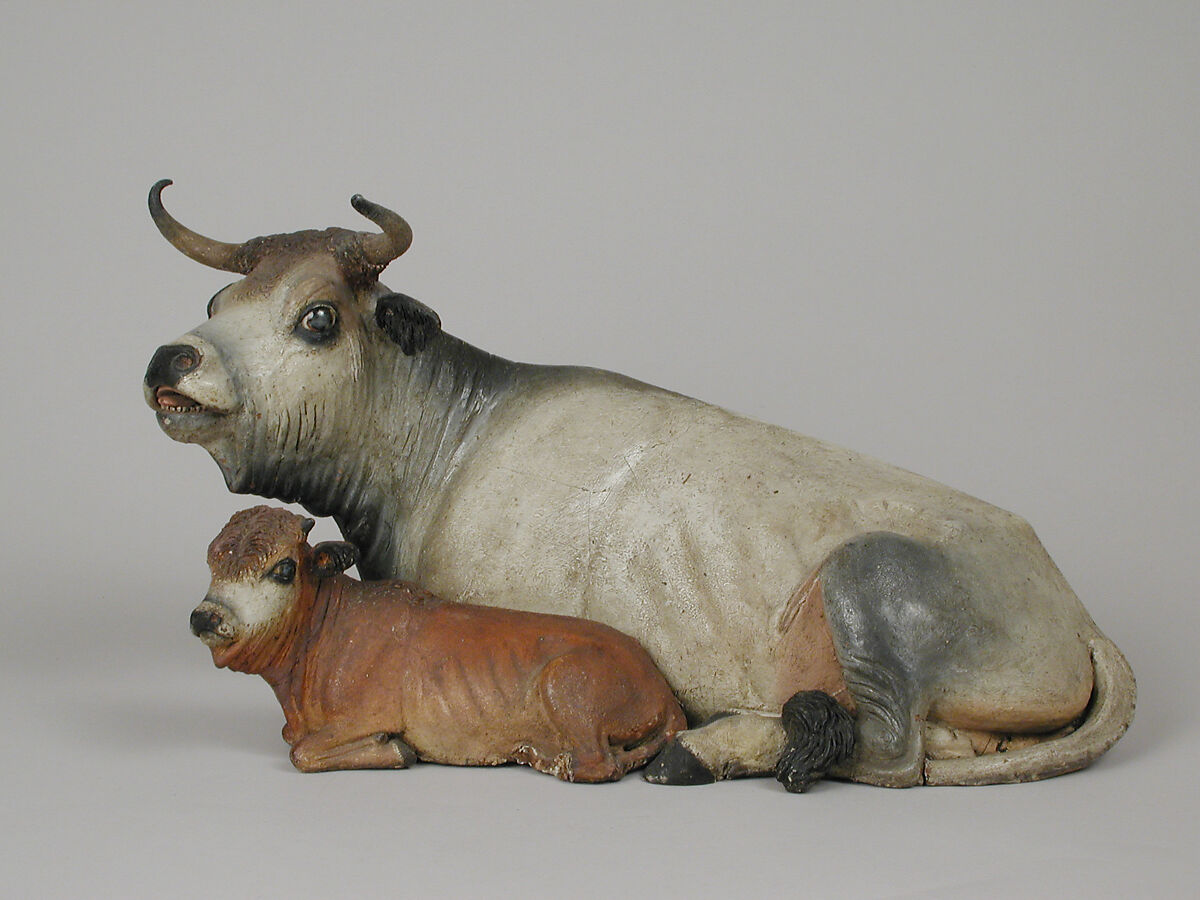 Cow and calf lying down, Polychromed terracotta, Italian, Naples