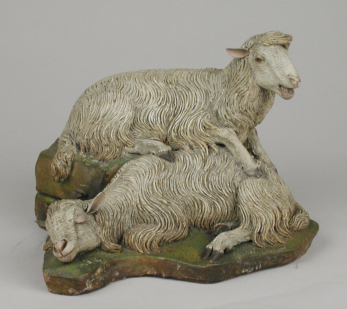 Pair of sheep, Polychromed terracotta, Italian, Naples