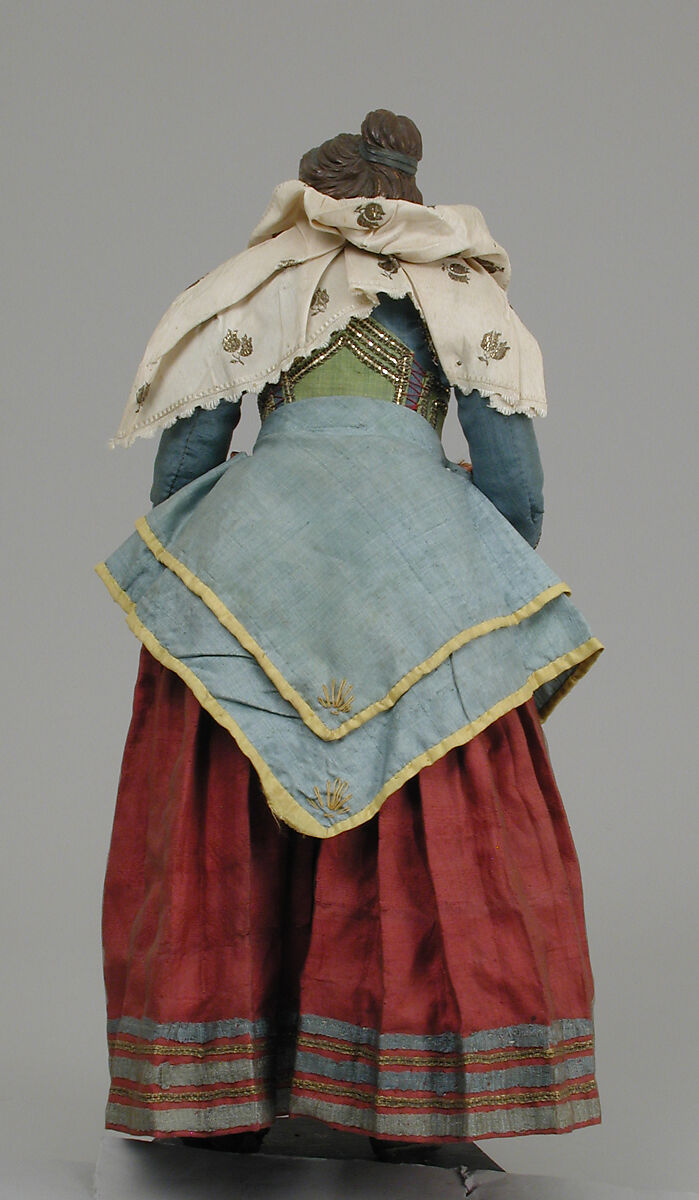 Girl carrying basket of onions, Polychromed wood and terracotta; raffia, cloth and straw, pearls, Italian, Naples