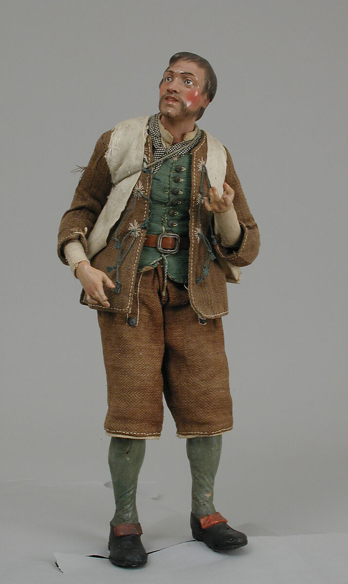 Man with bagpipes, Polychromed terracotta and wood; straw, cloth, metal and leather, Italian, Naples 