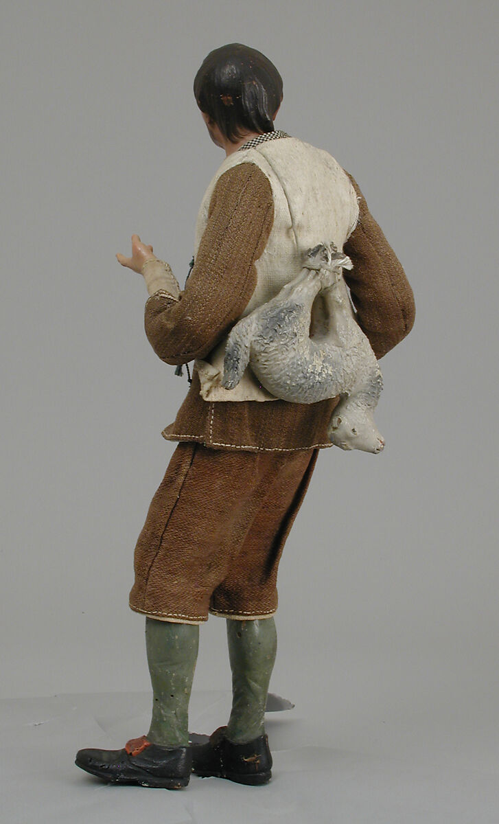 Man with bagpipes, Polychromed terracotta and wood; straw, cloth, metal and leather, Italian, Naples