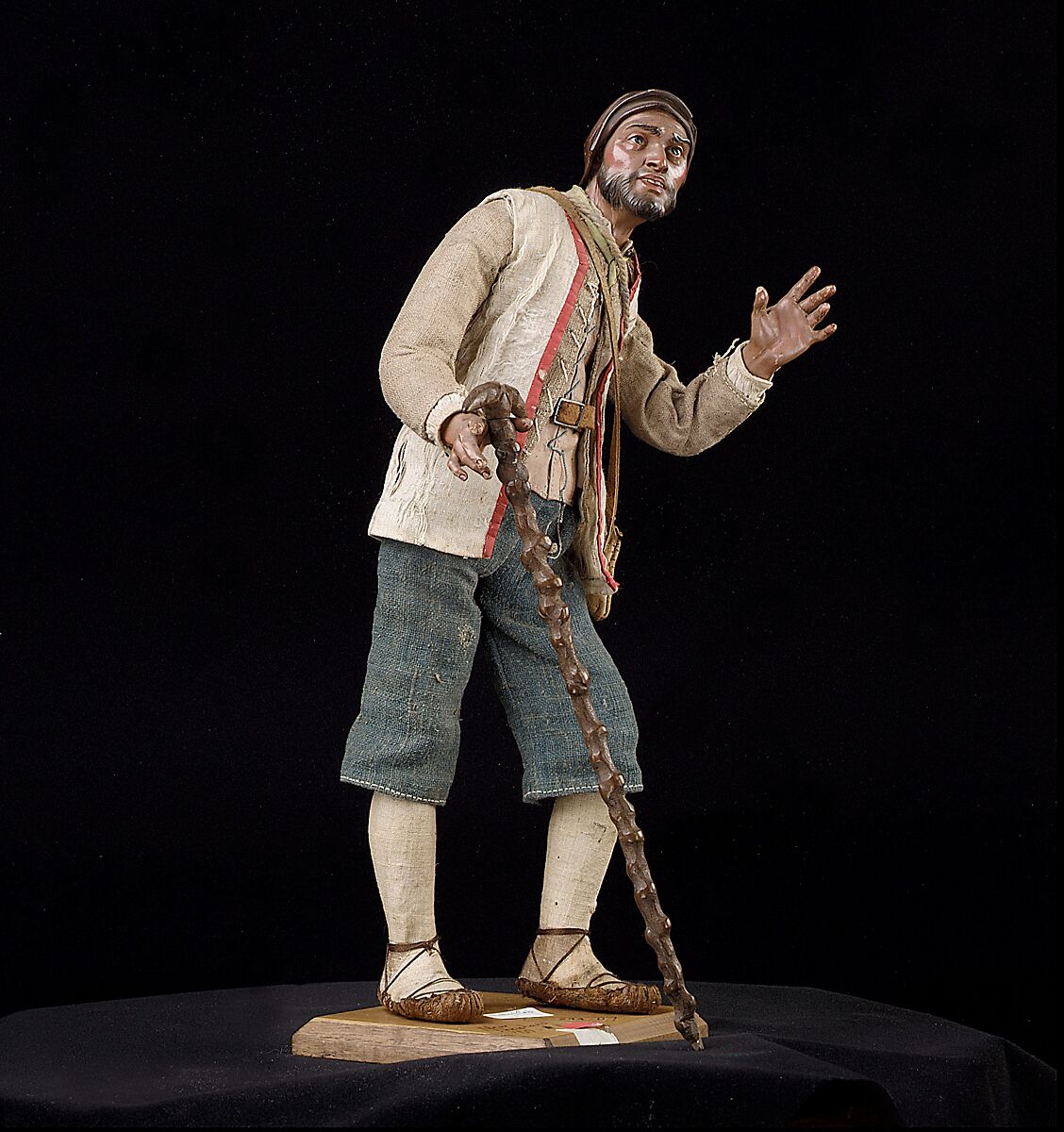 Man with staff and brace of birds, Polychromed wood and terracotta; cloth, straw, leather and metal, Italian, Naples