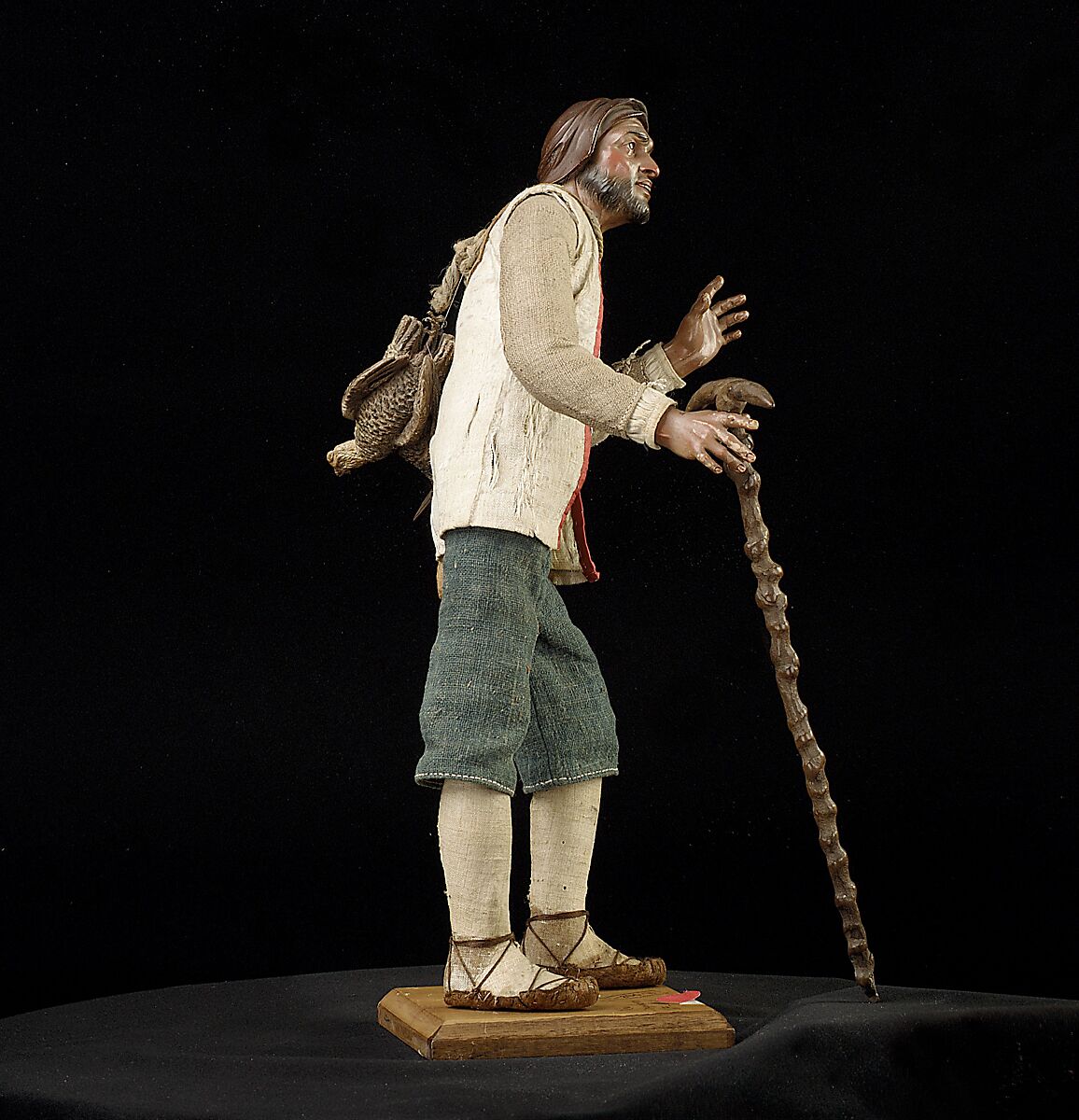 Man with staff and brace of birds, Polychromed wood and terracotta; cloth, straw, leather and metal, Italian, Naples