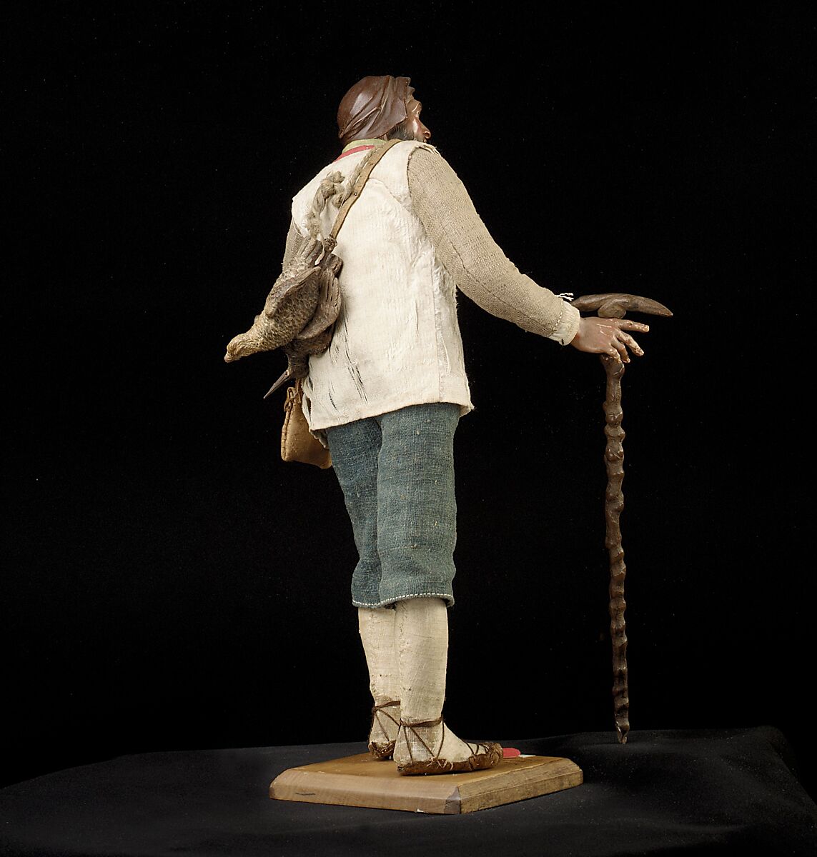 Man with staff and brace of birds, Polychromed wood and terracotta; cloth, straw, leather and metal, Italian, Naples