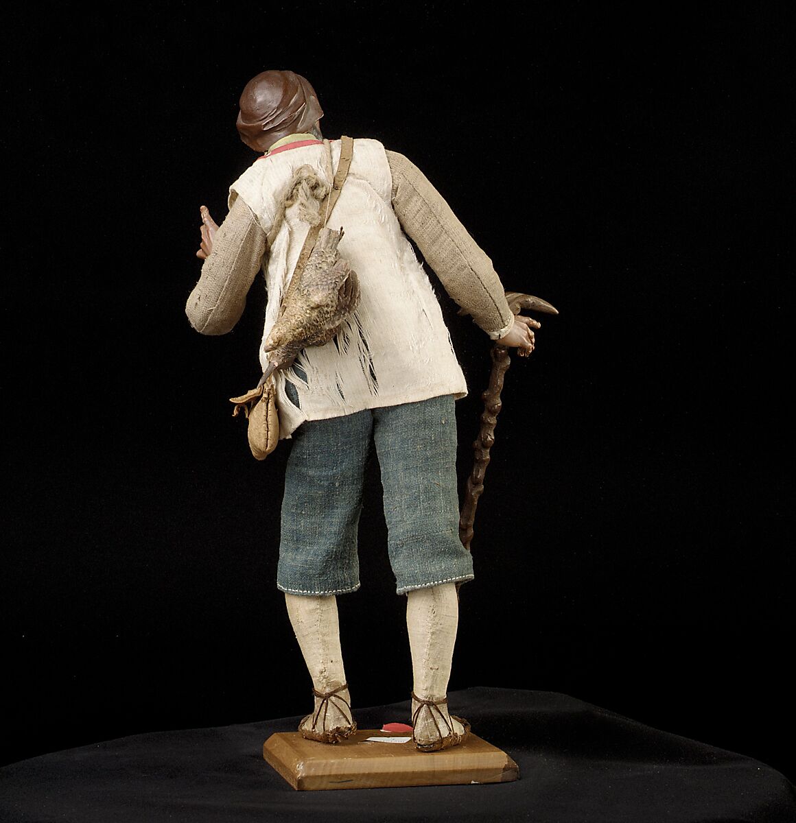 Man with staff and brace of birds, Polychromed wood and terracotta; cloth, straw, leather and metal, Italian, Naples
